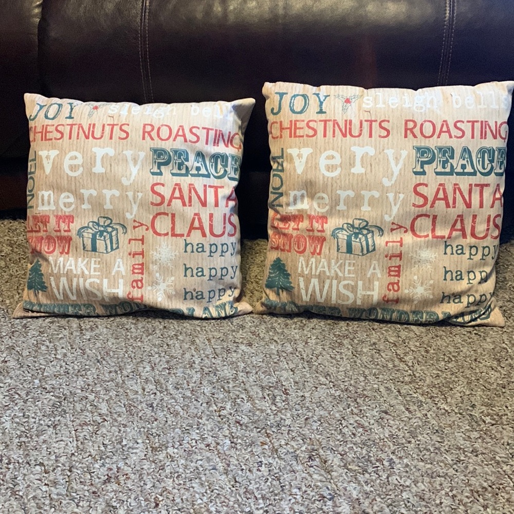 Set of 2 Christmas pillows Meijer Tan “wood look” Let it Snow Joy Peace Noel
